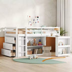 Letto a soppalco matrimoniale con cassetto, mobiletto a ripiani e scrivania estraibile, letto a soppalco in legno di caucciù con spondina di protezione e scaletta, Bianco