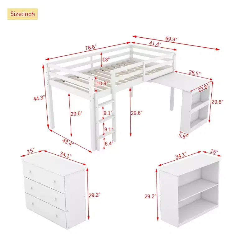 Letto a soppalco matrimoniale con cassetto, mobiletto a ripiani e scrivania estraibile, letto a soppalco in legno di caucciù con spondina di protezione e scaletta, Bianco