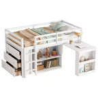 Letto a soppalco matrimoniale con cassetto, mobiletto a ripiani e scrivania estraibile, letto a soppalco in legno di caucciù con spondina di protezione e scaletta, Bianco