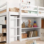 Letto a soppalco matrimoniale con cassetto, mobiletto a ripiani e scrivania estraibile, letto a soppalco in legno di caucciù con spondina di protezione e scaletta, Bianco