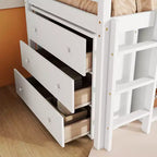 Letto a soppalco matrimoniale con cassetto, mobiletto a ripiani e scrivania estraibile, letto a soppalco in legno di caucciù con spondina di protezione e scaletta, Bianco