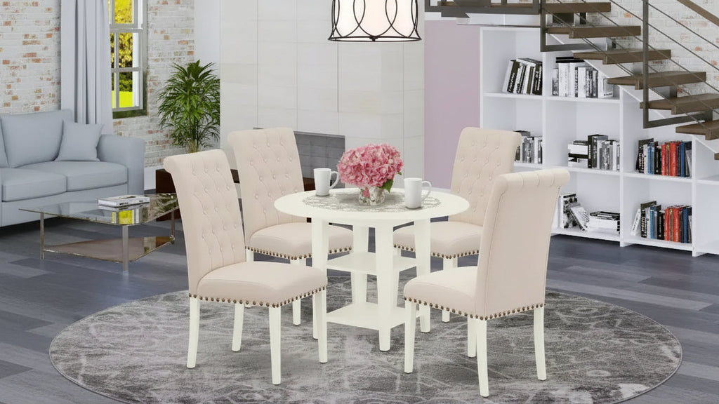 Set da pranzo da 5 pezzi in legno massello con finitura lino bianco - piano rotondo con alette a scomparsa - 4 posti