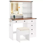Costway Farmhouse Vanity Set w/ Mirror and Lights Dressing Table & Chair Set