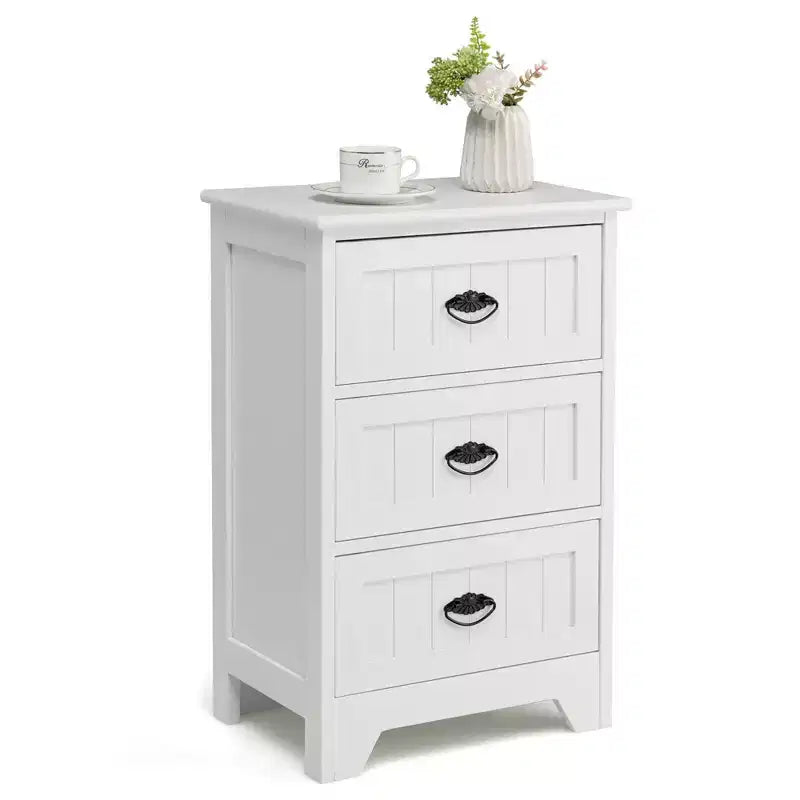 Costway End Table Nightstand Bedroom Storage w/ 3 Drawers & Wood Slide White