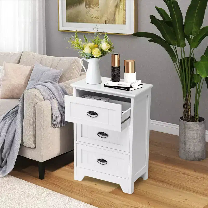 Tavolino Comodino per Camera da Letto con 3 Cassetti e Scorrimento in Legno Bianco