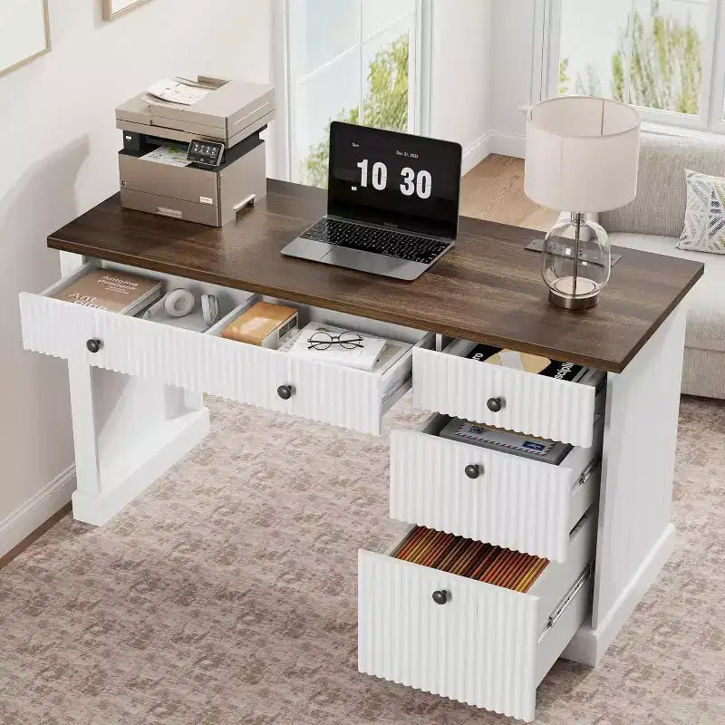 Scrivania direzionale moderna da 54'' con mobiletto contenitore e cassetto C marrone, scrivania scanalata per computer per ufficio, studio, soggiorno