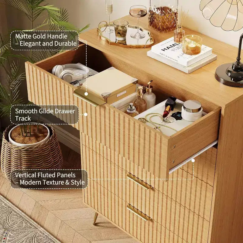 Cassettiera scanalata per camera da letto con 5 cassetti, cassettiera moderna in legno da 81 cm con maniglia in metallo, ampio mobile organizer per vestiti e supporto TV