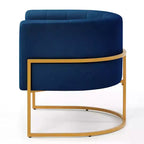 Poltroncina in velluto con cuscino, piedini in metallo dorato, schienale curvo, sedia da trucco imbottita, poltrona relax per casa