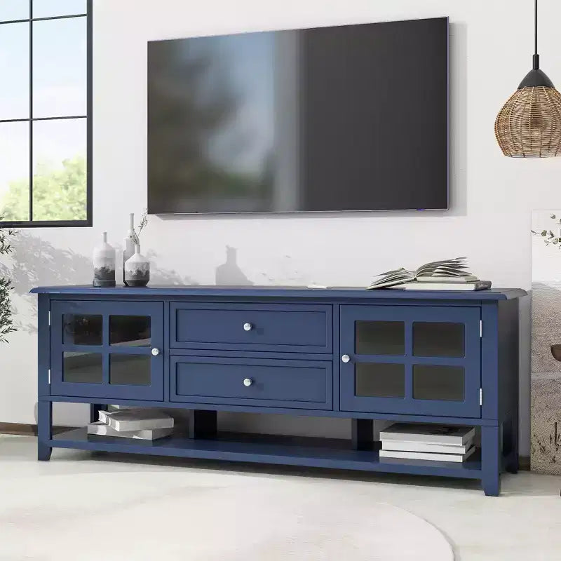 Mobile TV di metà secolo con 2 ante in vetro e 2 cassetti, mobile porta TV minimalista per televisori fino a 60", consolle robusta per soggiorno e camera da letto