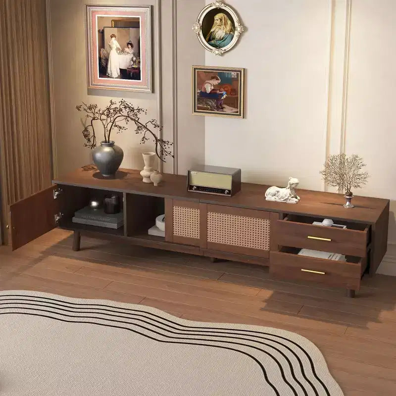 Mobile TV Moderno di Metà Secolo per TV da 80 Pollici, Mobile da Intrattenimento con Ante Scorrevoli e Cassetti, Tavolino TV con Contenitore per Soggiorno/Camera da Letto, Marrone