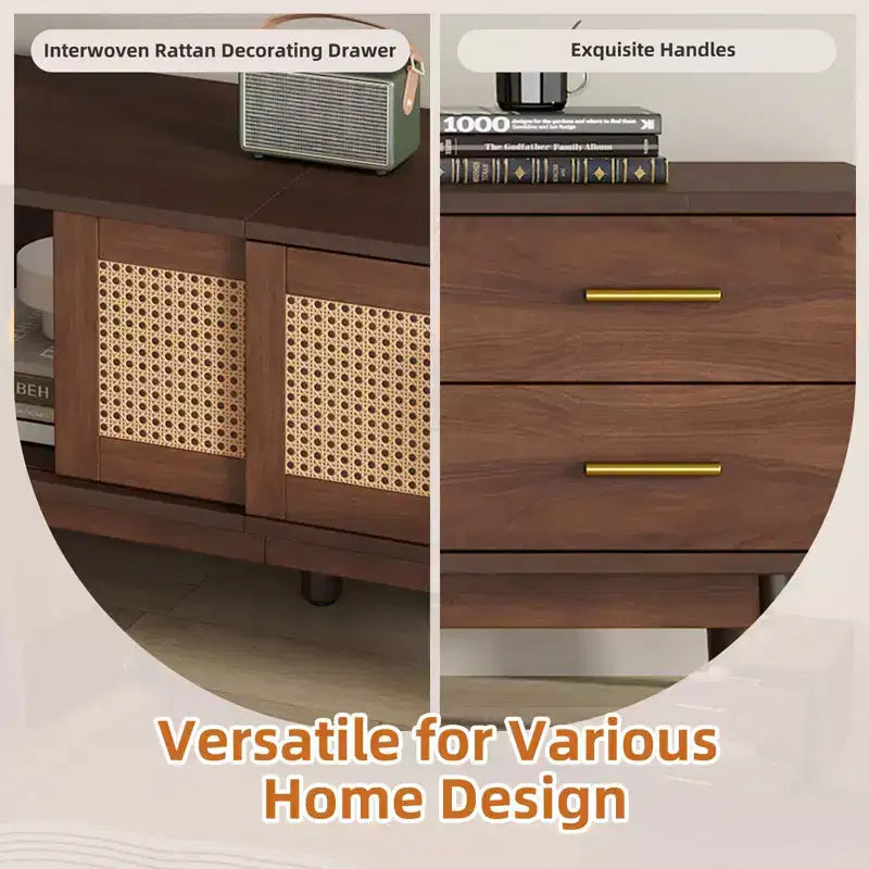 Mobile TV Moderno di Metà Secolo per TV da 80 Pollici, Mobile da Intrattenimento con Ante Scorrevoli e Cassetti, Tavolino TV con Contenitore per Soggiorno/Camera da Letto, Marrone