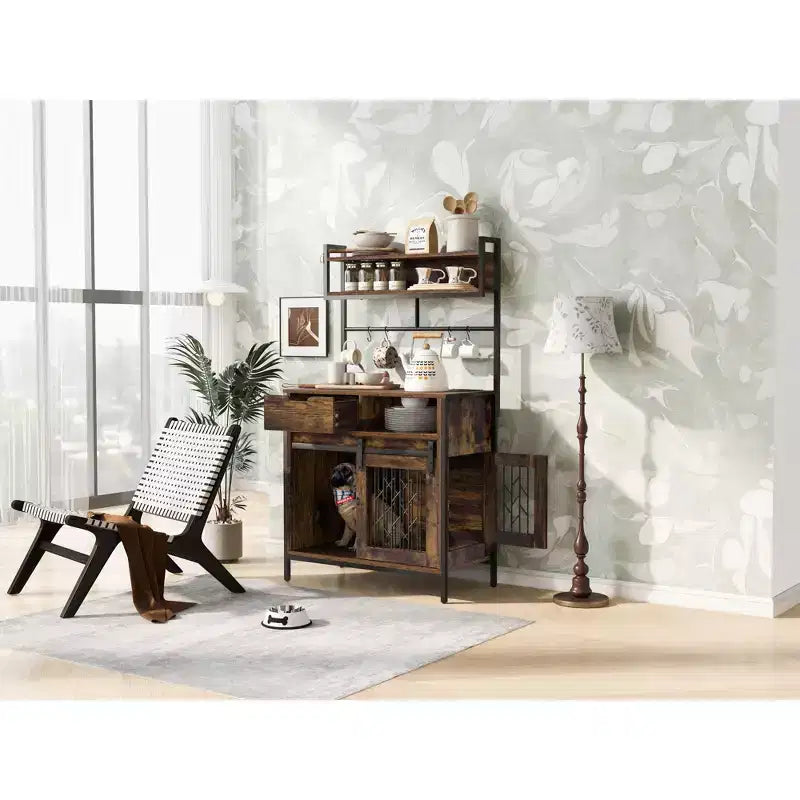 31.5 Inch Dog Crate Furniture with Drawers & Charging Station, Double Door Indoor Kennel with Storage, Rustic Brown