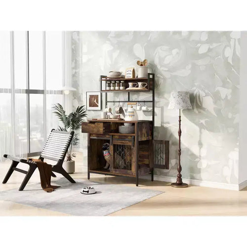31.5 Inch Dog Crate Furniture with Drawers & Charging Station, Double Door Indoor Kennel with Storage, Rustic Brown