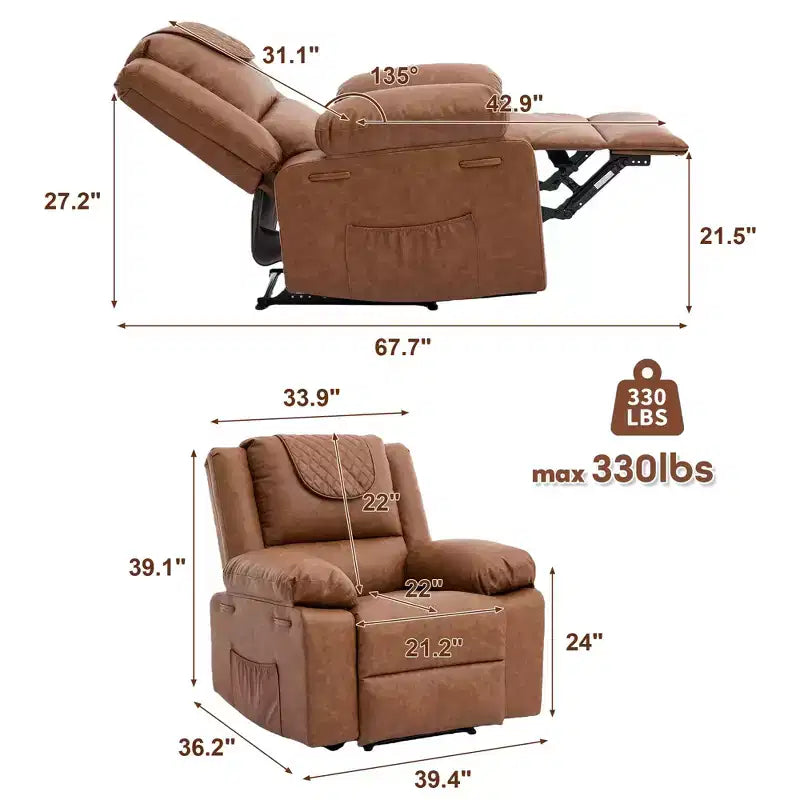 Poltrona reclinabile massaggiante oversize per adulti, divano singolo riscaldato in pelle PU con vibrazione e calore, tasca laterale, divano reclinabile (marrone)