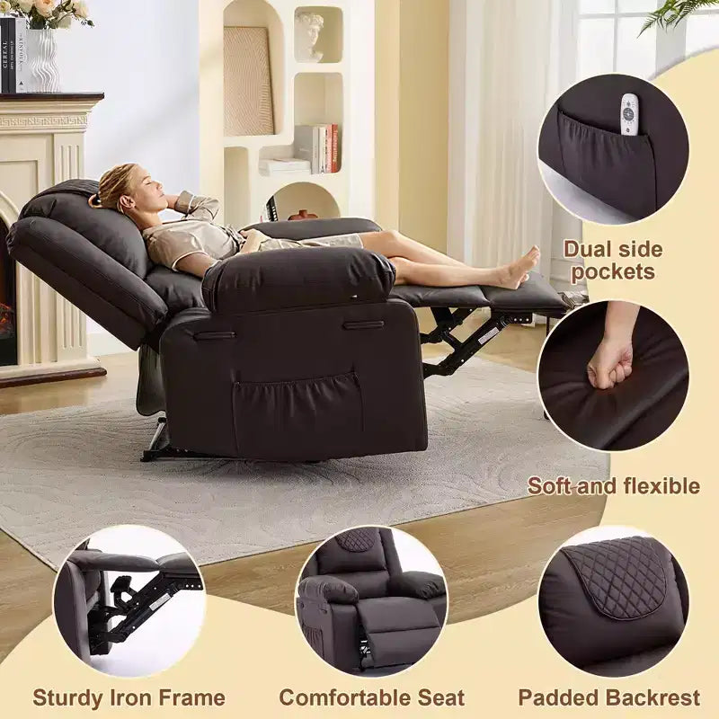 Poltrona reclinabile massaggiante oversize per adulti, divano singolo riscaldato in pelle PU con vibrazione e calore, tasca laterale, divano reclinabile (marrone)
