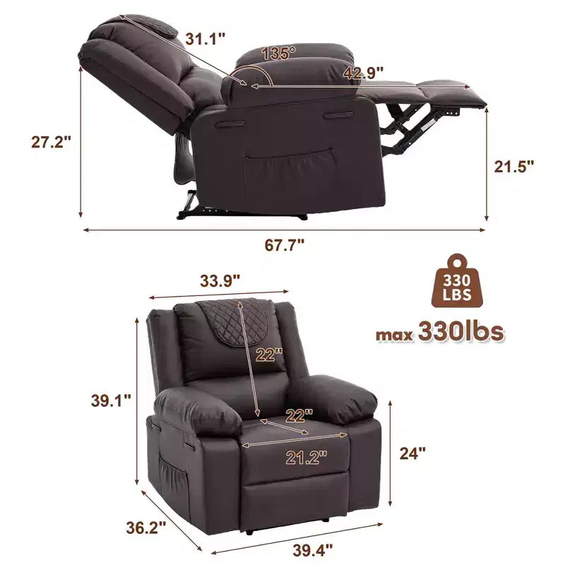 Poltrona reclinabile massaggiante oversize per adulti, divano singolo riscaldato in pelle PU con vibrazione e calore, tasca laterale, divano reclinabile (marrone)