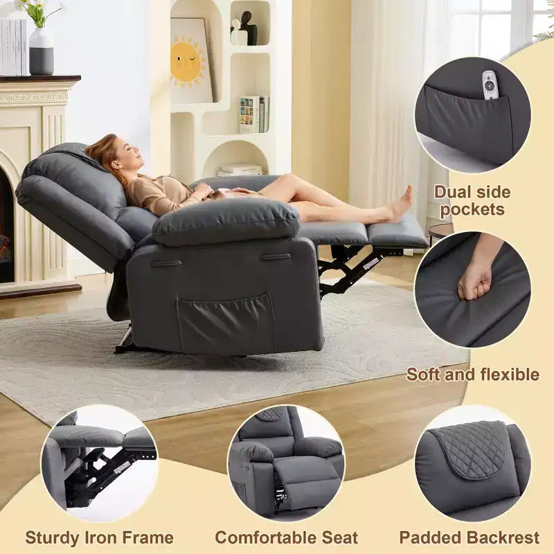 Poltrona reclinabile massaggiante oversize per adulti, divano singolo riscaldato in pelle PU con vibrazione e calore, tasca laterale, divano reclinabile (marrone)